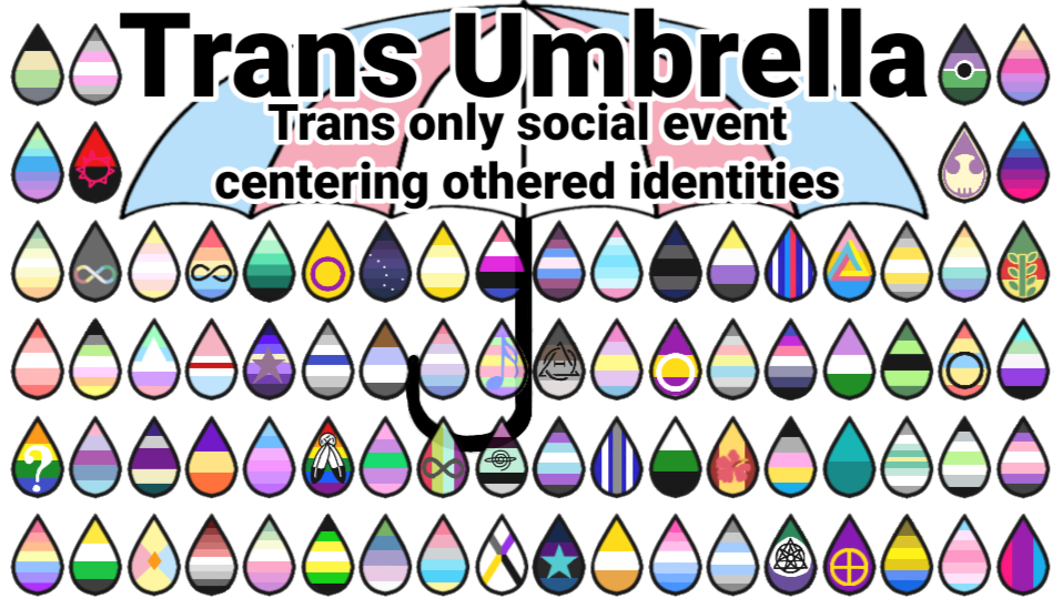 A graphic depicting an umbrella with the trans flag colors titled "Trans Umbrella." There are 80 gender prizes flags shaped like raindrops.